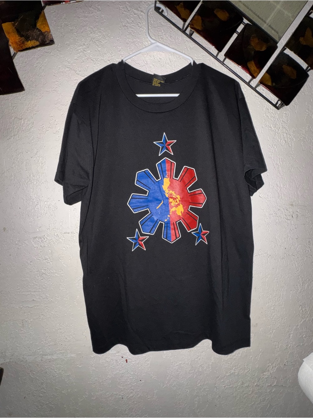 Black Short-Sleeve Tee with Red & Blue Crest Graphic